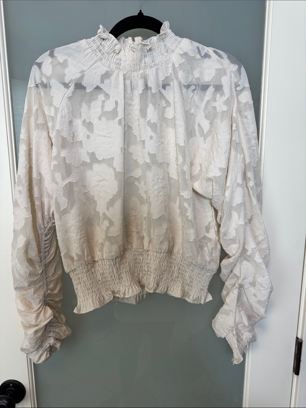 Forever 21 Cream Sheer Floral Smocked Long Sleeve Top